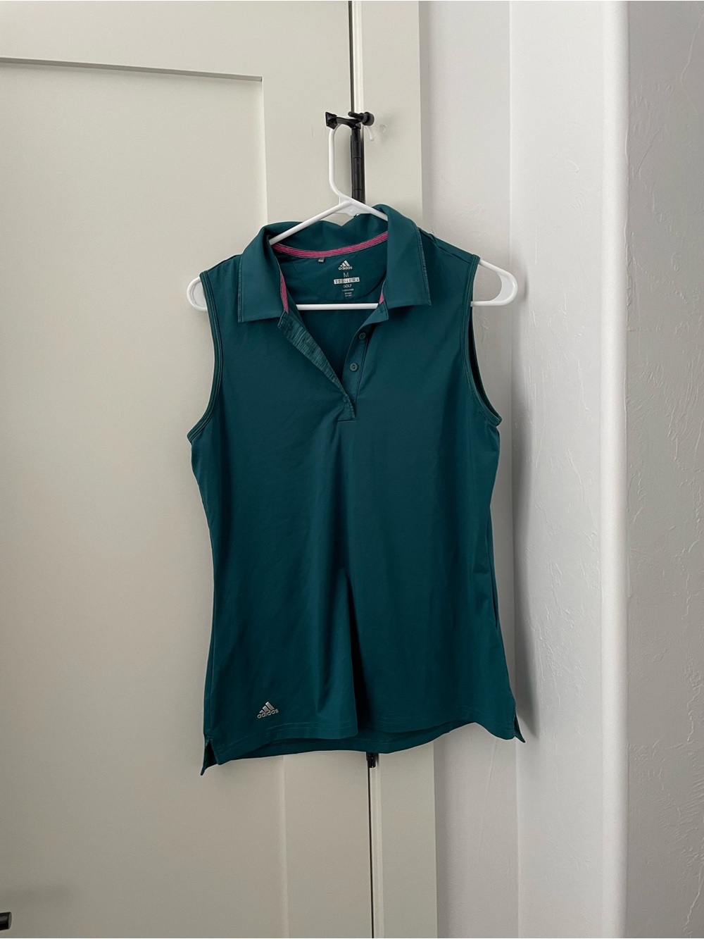 adidas Women's Sleeveless Golf Polo Tank - Teal Green with Pink Trim